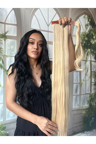 Suzan Peruk Doğal sarı Düz At Kuyruğu Gerçek saç dokusunda-Bağlamalı Postiş 7...