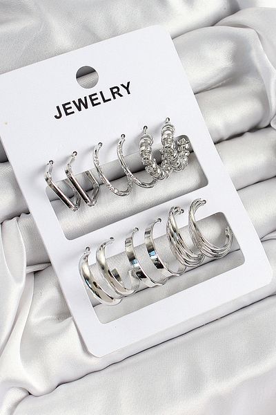 callerrons accessories Brass Mixed Ring Model Silver Color 6 Pairs Women's Earrings Set - Ebj250711W36546