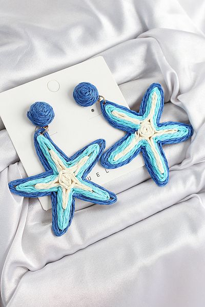 callerrons accessories Brass Blue Starfish Model Gold Color Women's Straw Earrings - Ebj250711W36558