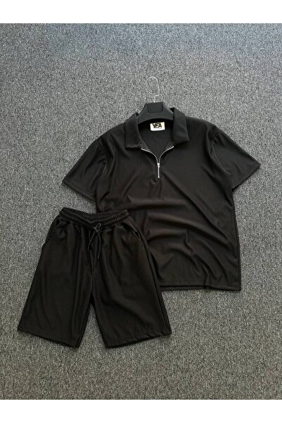 tetramoda Ottoman Ribbed Half Zip Polo Neck T-Shirt and Shorts Set of 2