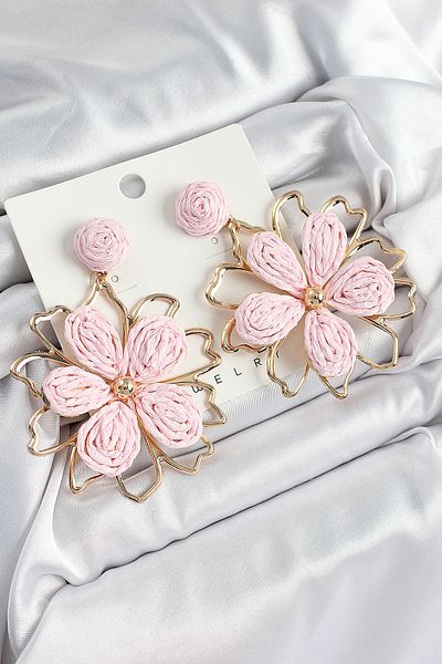 callerrons accessories Brass Pink Flower Model Gold Color Women's Straw Earrings - Ebj250711W36548