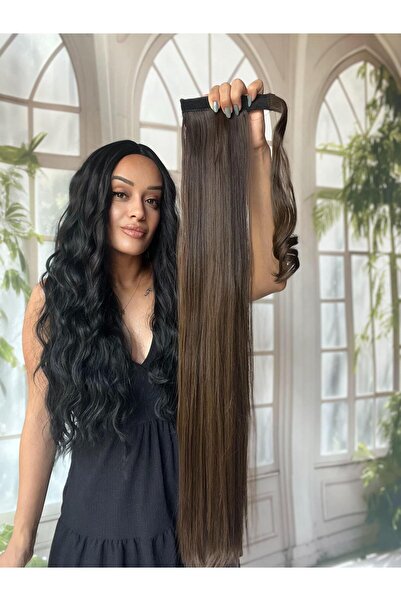 Suzan Peruk Koyu Kumral Düz At Kuyruğu Gerçek saç dokusunda-Bağlamalı Postiş ...