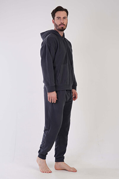 VİENETTA Men's Fleece Hooded Off Shoulder Long Sleeve Zippered Kangaroo Pocket Pajama Suit, 310093