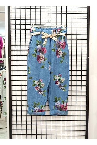 Butik Şans Italian Linen Trousers with Floral Pattern and Elastic Waist Pocket