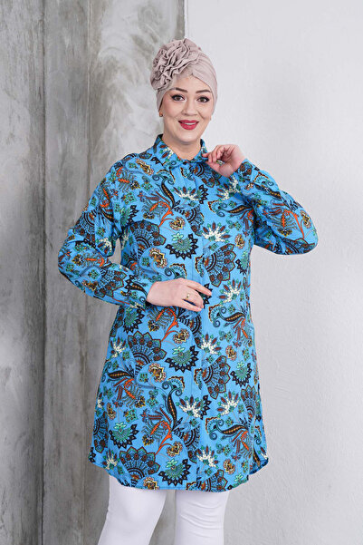 Polologin Butik Plant Patterned Blue Shirt Tunic