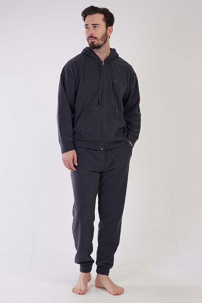 VİENETTA Men's Fleece Hooded Off Shoulder Long Sleeve Zippered Kangaroo Pocket Pajama Suit, 310093
