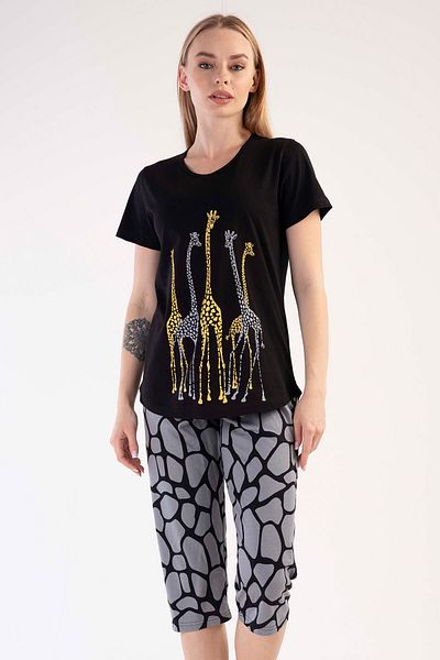 VİENETTA Cotton Women's Short Sleeve I Capri Pajama Set, 303291