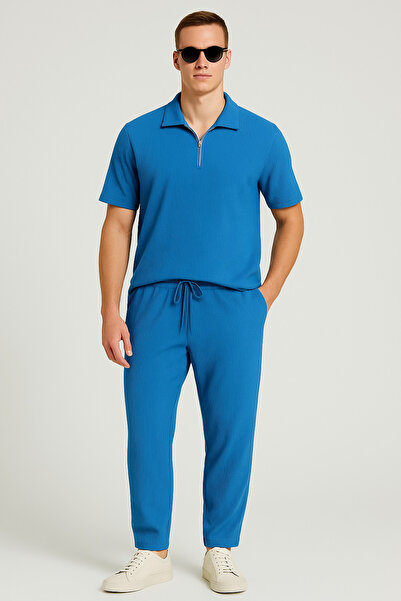 tetramoda Ottoman Ribbed Half Zip Polo Neck T-Shirt Pants and Shorts Set 3-Piece Set