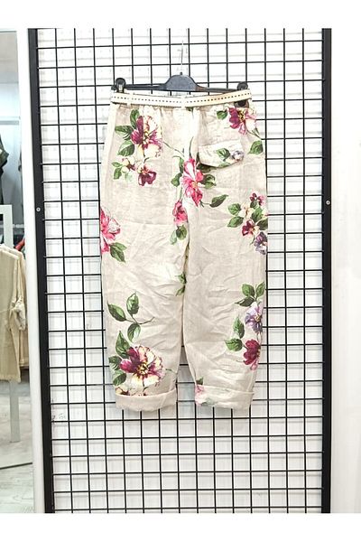 Butik Şans Italian Linen Trousers with Floral Pattern and Elastic Waist Pocket