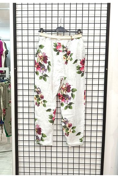 Butik Şans Italian Linen Trousers with Floral Pattern and Elastic Waist Pocket
