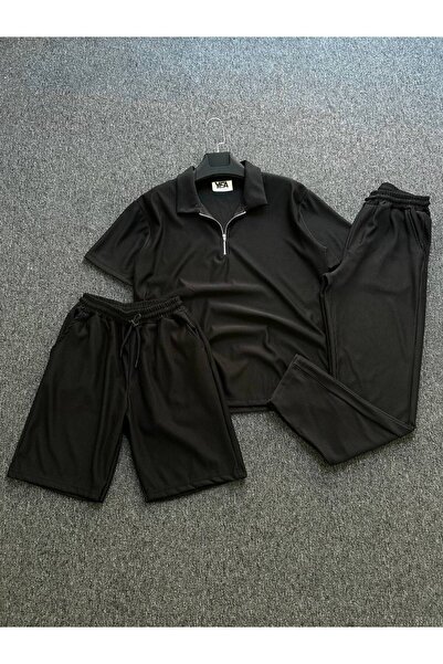 tetramoda Ottoman Ribbed Half Zip Polo Neck T-Shirt Pants and Shorts Set 3-Piece Set