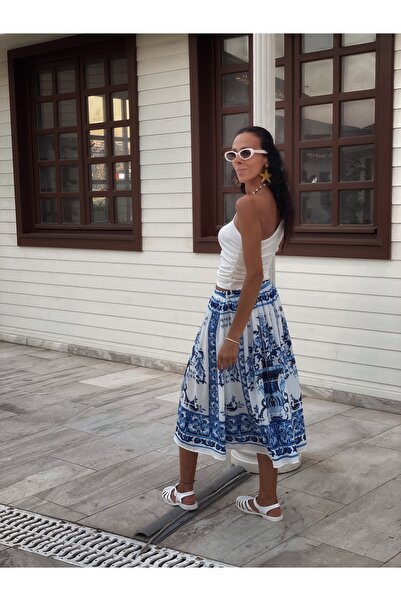 NK Mavi Beyaz Desenli Yüksek Bel Diz Altı Trend Etek