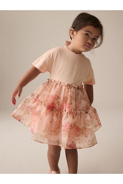 Next Baby Cotton Pink Rose Patterned Short Sleeve Tutu Dress