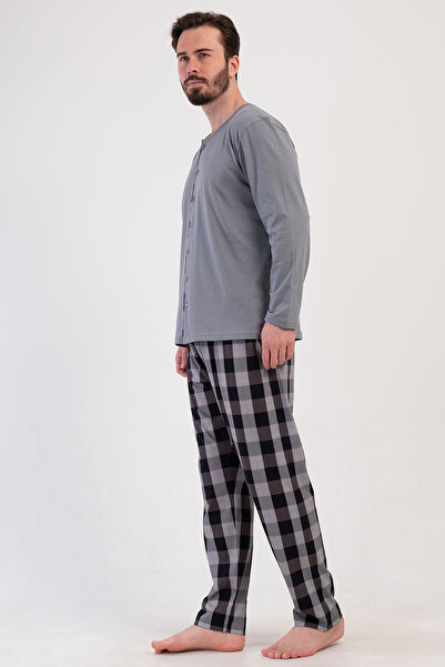 VİENETTA Cotton Men's Plus Size All Button Long Sleeve Pajamas Suit , 409191
