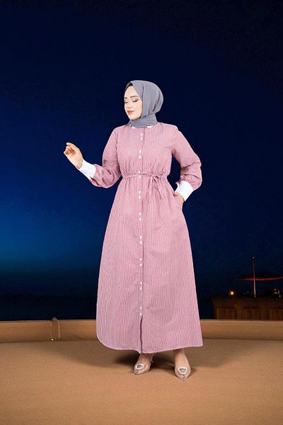Cochines Women's Fuchsia Long White Collar Striped Sash Belted Evening Dress Hijab Dress