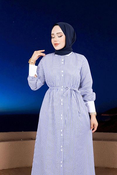 Cochines Rochie de seară pentru femei, albastru bleumarin, lungă, albă, cu centură în dungi, rochie hijab