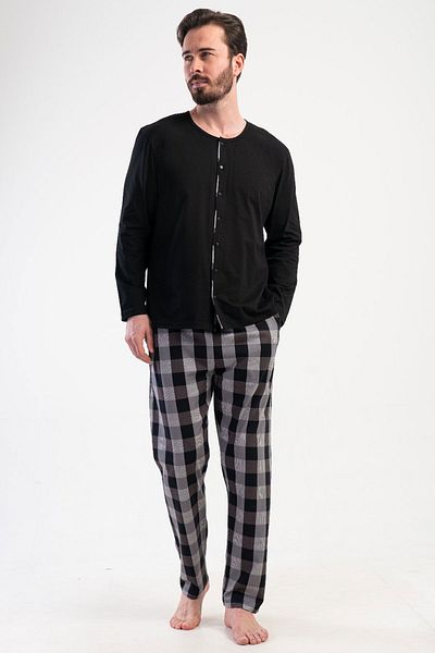 VİENETTA Cotton Men's Plus Size All Button Long Sleeve Pajamas Suit , 409191