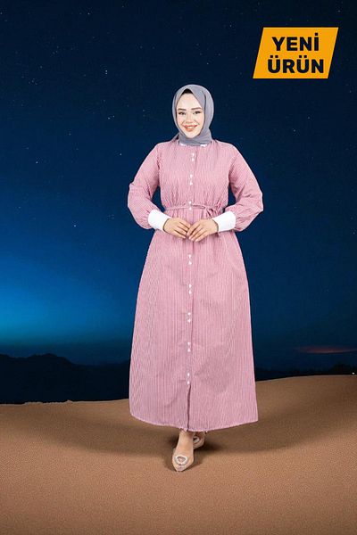 Cochines Women's Fuchsia Long White Collar Striped Sash Belted Evening Dress Hijab Dress