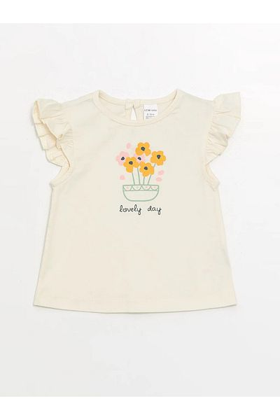LC Waikiki Lcw Baby Ecru Crew Neck Short Sleeve Floral Baby Girl Blouse and Shorts 2-Piece Set