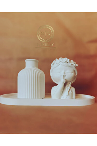 Sessizlik ve Zerafet Sessizlik ve Zerafet Dekoratif Vazo ve Kız Saksı Tepsi Seti | Minimal Ev Dekoru | Taş Tozu Dekoratif Obje | Modern Salon Aksesuarı