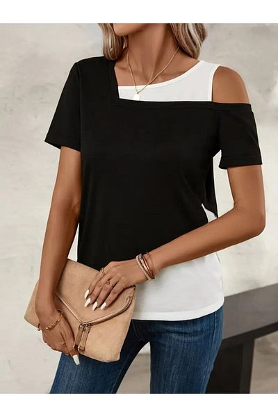 İpeksi Silky Women's Short Sleeve Geometric Definite Detail Double Color Viscose Blouse