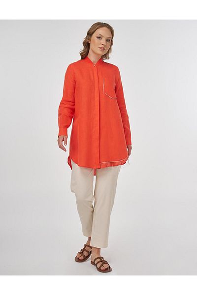 KYR 100% Linen Bead Embroidered Tunic Coral