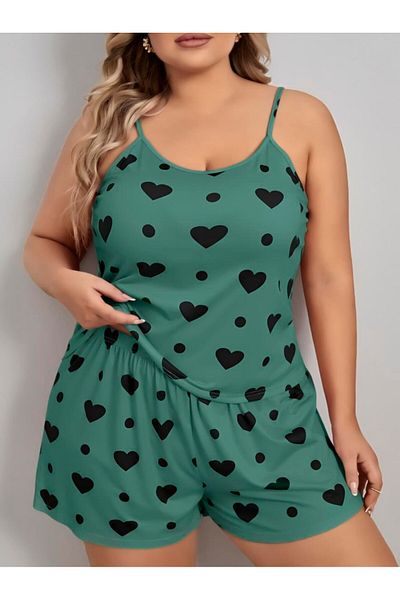 Findit Plus Size Green Heart Pattern Cotton Shorts Pajamas Set