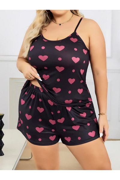 Findit Plus Size Black Heart Pattern Thin Strap Cotton Shorts Pajamas Set