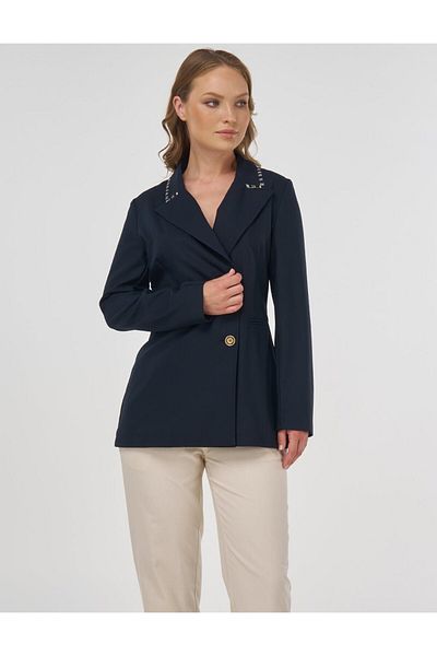 Kayra Jachetă Blazer din Viscoză cu nasturi dublu Albastru închis