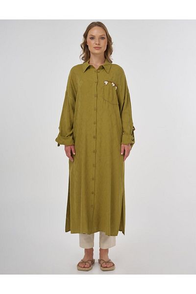 Kayra Linen Viscose Tunic Khaki with Embroidery Detail