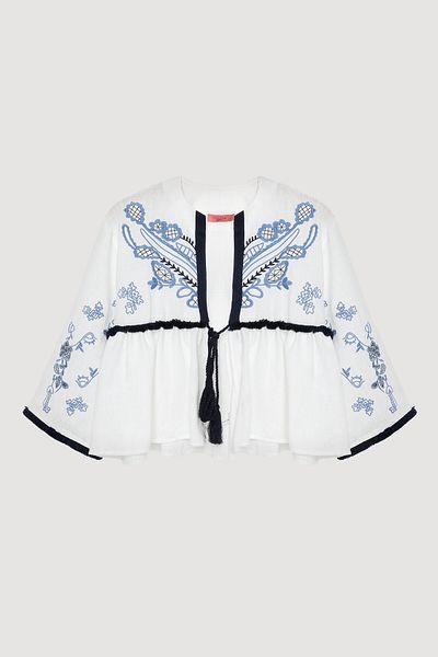 Quzu Ethnic Embroidery Embroidered Tie-Up Short Kimono Ecru