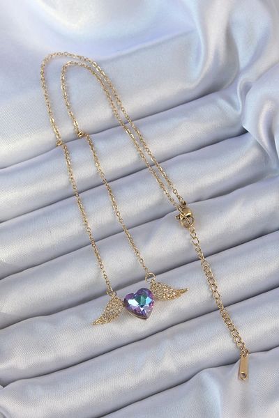 Clariss 316l سلسلة الصلب الذهب اللون الأزرق الأرجواني الزركون حجر مجنح القلب قلادة