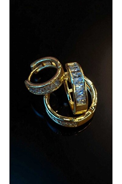 Colour Taqı ÜÇLÜ SET ÇELİK GOLD RENK ZİRCON TAŞLI HALKA KÜPE 12 MM - 15 MM - 18 MM