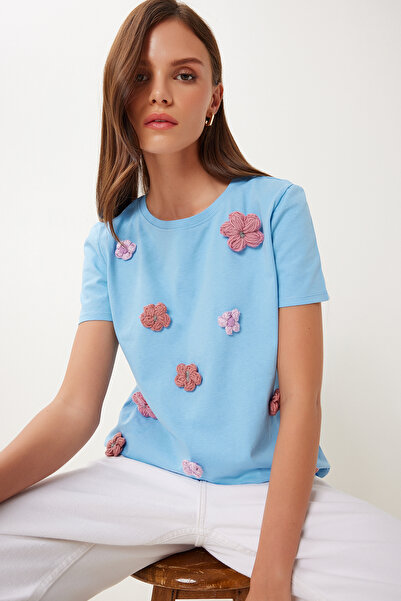Lovelyİstanbul Βαμβακερό εύκαμπτο πλεκτό μπλουζάκι με αξεσουάρ λουλουδιών