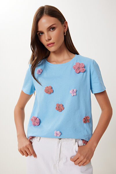 Lovelyİstanbul Βαμβακερό εύκαμπτο πλεκτό μπλουζάκι με αξεσουάρ λουλουδιών