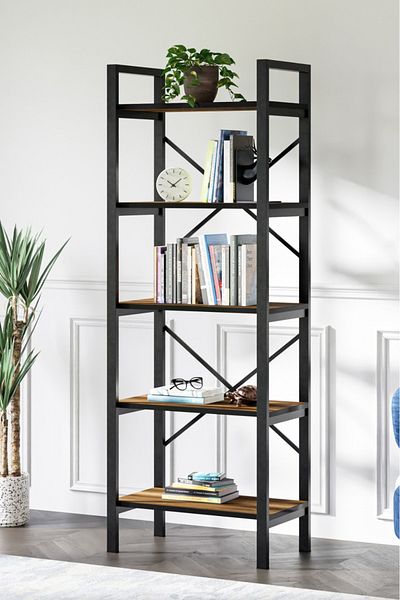 Ceramical Ktp 5 Tier Bookcase , Industrial Style Bookshelf For Living Room, Home Office - 60x180 cm - Walnut