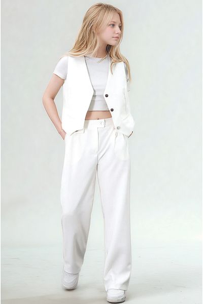Asortix Girl's 2 Piece Set with Buttoned Vest and Wide Leg Pants