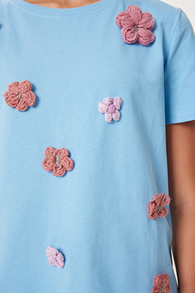 Lovelyİstanbul Βαμβακερό εύκαμπτο πλεκτό μπλουζάκι με αξεσουάρ λουλουδιών