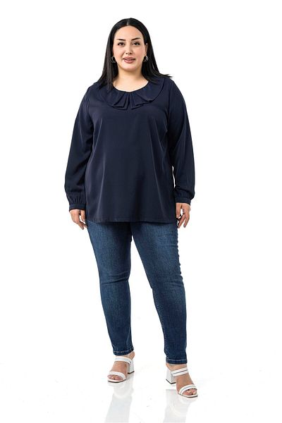 DISENTIS MODEST Plus Size Navy Blue Blouse with Pleated Collar and Side Slits