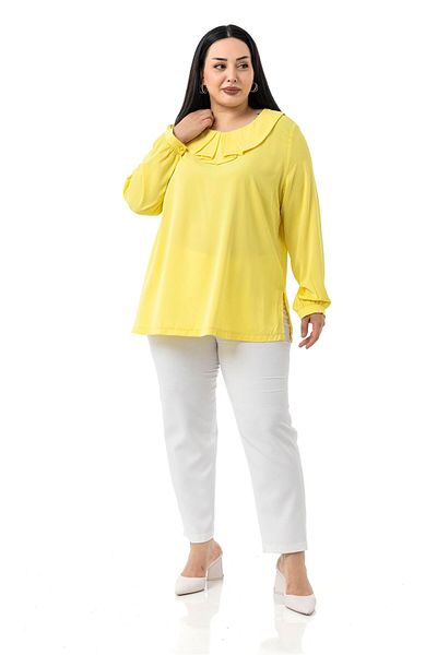 DISENTIS MODEST Plus Size Yellow Blouse with Pleated Collar and Side Slits