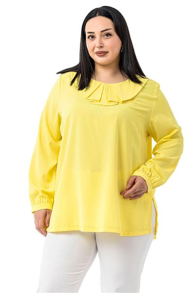 DISENTIS MODEST Plus Size Yellow Blouse with Pleated Collar and Side Slits