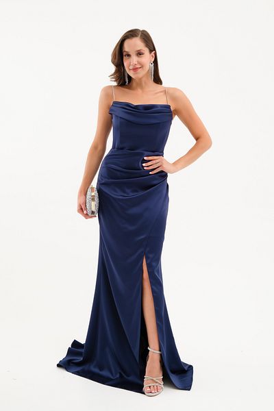 Lafaba Women's Navy Blue Stone Strap Long Promise Engagement Evening Dress