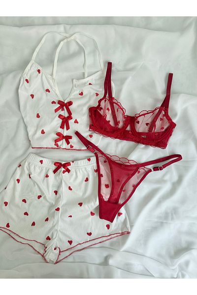 EDLİNGERİE Heart Patterned 4-Piece Pajama Set
