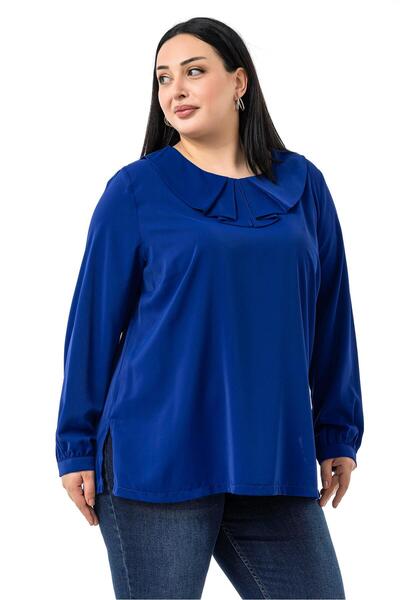 DISENTIS MODEST Plus Size Collar Pleated Side Slit Saks Blue Blouse