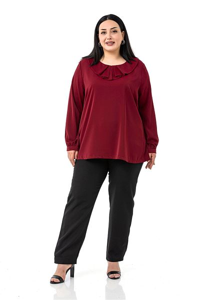 DISENTIS MODEST Plus Size Collar Pleated Side Slit Burgundy Blouse