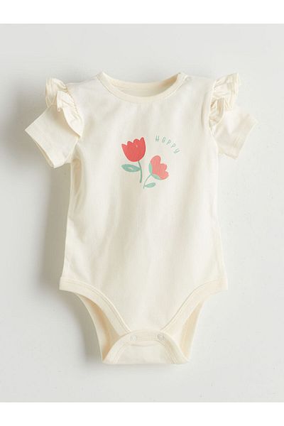 LC Waikiki Ecru Organic Fabric Floral Baby Girl Snap Fastener Bodysuit and Leggings 2-Piece