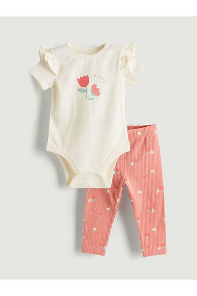 LC Waikiki Ecru Organic Fabric Floral Baby Girl Snap Fastener Bodysuit and Leggings 2-Piece