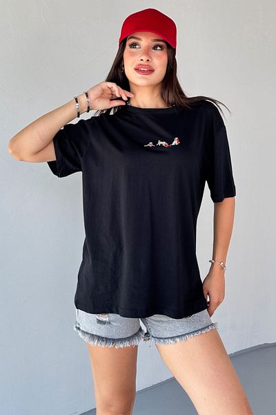 Cappmoda T-912 Black Dog Embroidered Crew Neck T-Shirt