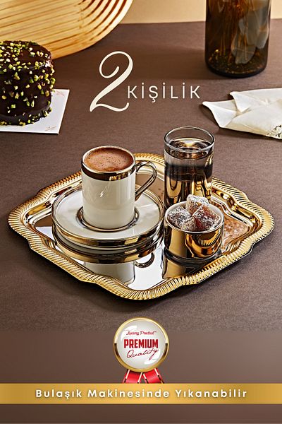 GRİMOR Life Gold Porcelain Cup Set with Tray for 2 People Groom Coffee-Word Engagement Turkish Coffee Coffee Cup