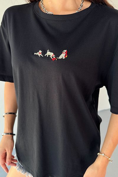 Cappmoda T-912 Black Dog Embroidered Crew Neck T-Shirt